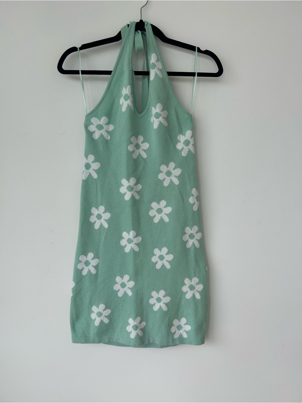 Hollister Mint Green Halter Knit Dress with White Daisy Pattern